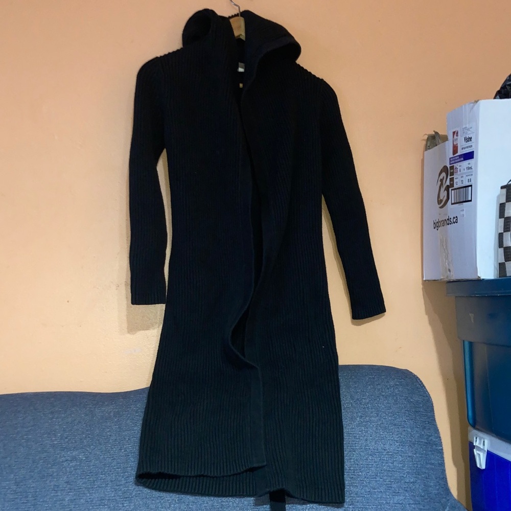 J. Crew Black Long Hooded Rib-Knit Coatigan